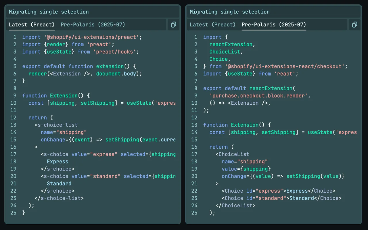 Side-by-side code: a Preact extension using s-choice-list on the left, the same extension rewritten with React and ChoiceList on the right.