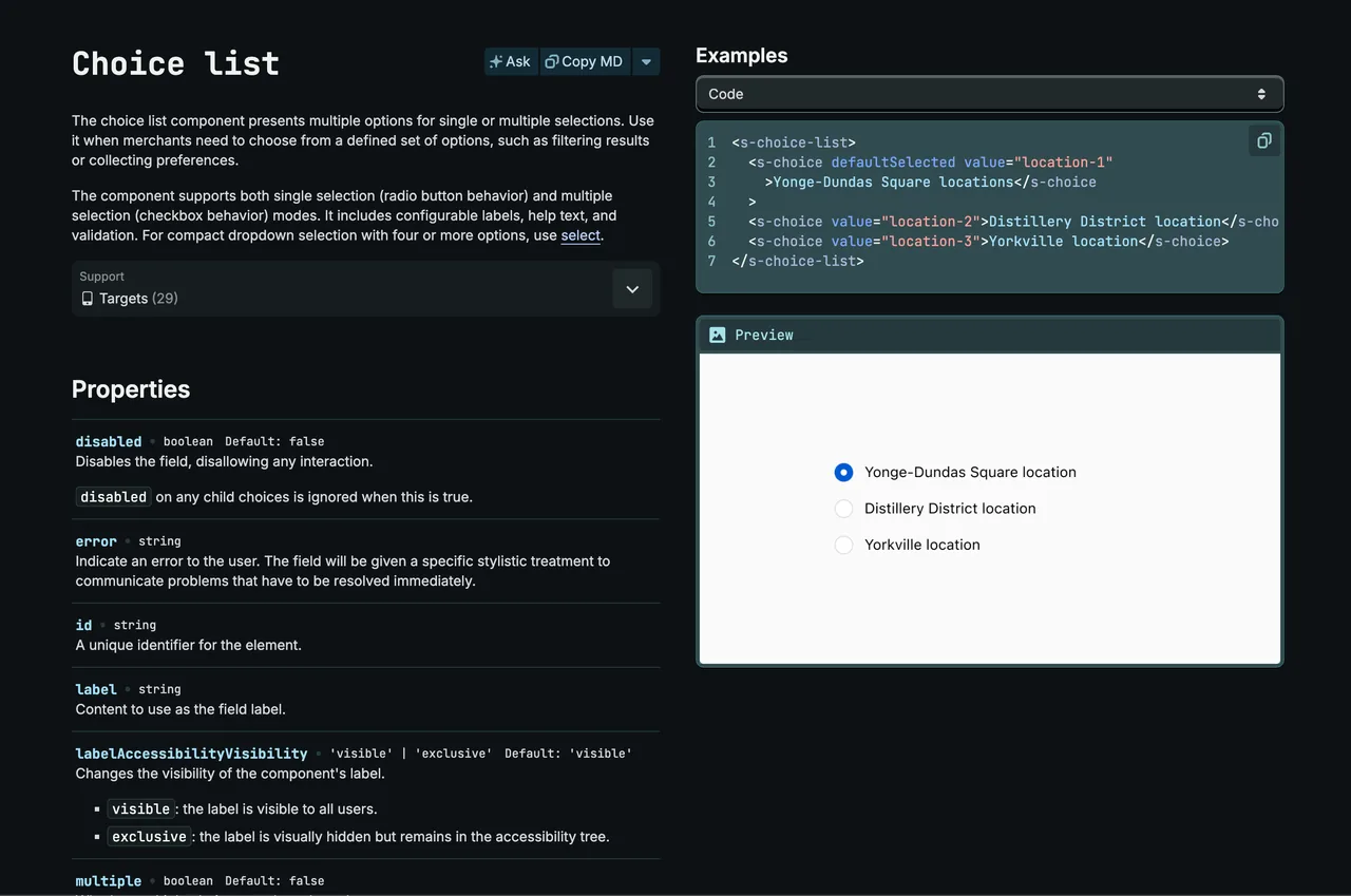 The Choice List component documentation page — description, code example, live preview, and property reference.