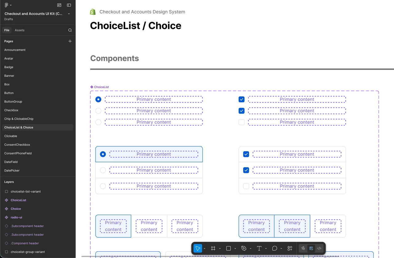 The Checkout and Accounts UI Kit in Figma, showing ChoiceList variants laid out for engineering handoff.