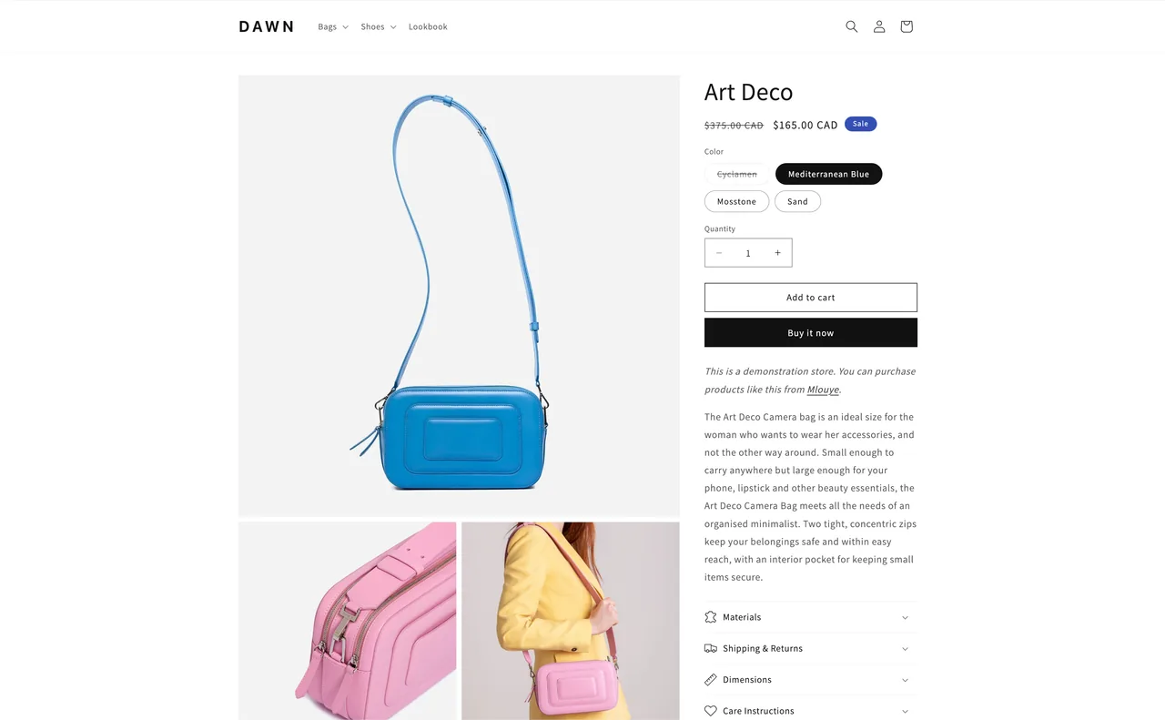 Dawn's product page with imagery, variant picker, quantity selector, and buy buttons.