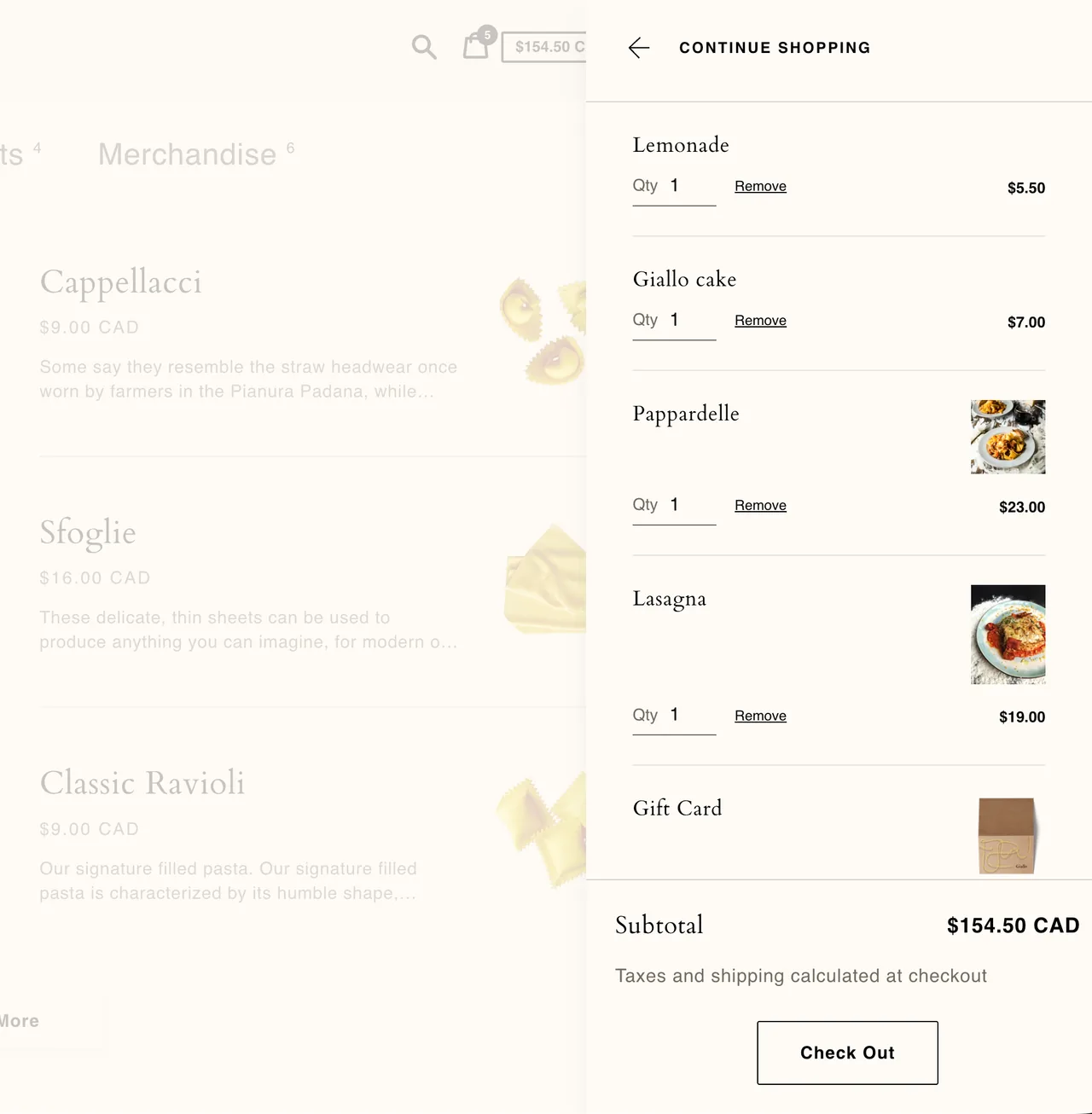 Express's persistent cart drawer open over the menu, with line items and a checkout button.