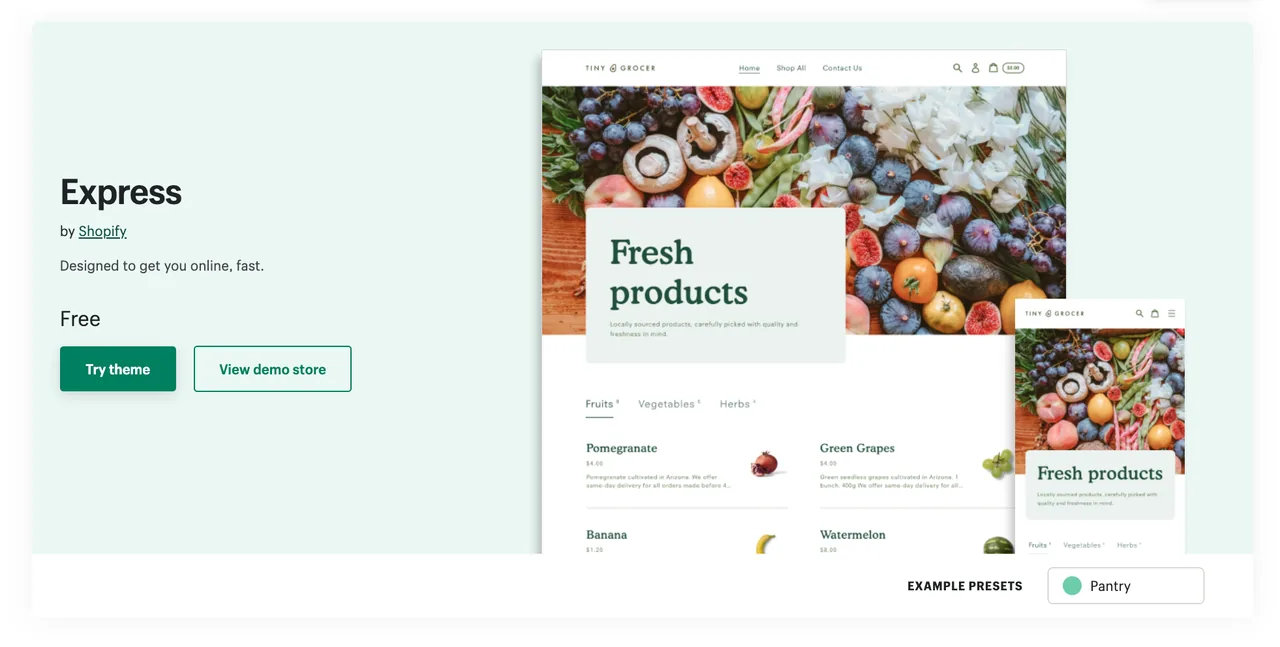 Express's Pantry preset — a market-style grocery store with photographic product tiles.