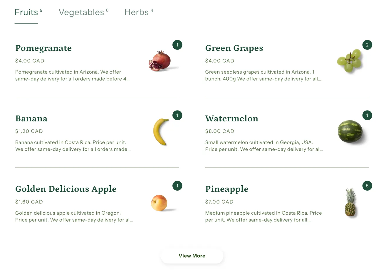 Express's menu-style storefront with quick-buy buttons on each product card.